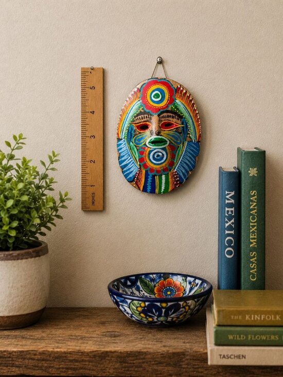 None Other - Vintage Yucatan Mexico Folk Art Ceramic Mask Hand Painted Wall Hanging 1989